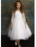 Long Sleeves Beaded Lace Tulle Tea Length Flower Girl Dress